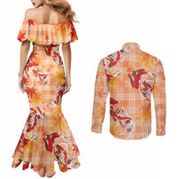 Orange Palaka Hawaii Aloha Couples Matching Mermaid Dress and Long Sleeve Button Shirt Koi Pond Mix Japanese Maple - Polynesian Pride