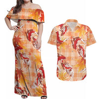 Orange Palaka Hawaii Aloha Couples Matching Off Shoulder Maxi Dress and Hawaiian Shirt Koi Pond Mix Japanese Maple - Polynesian Pride