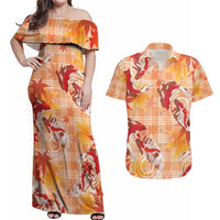 Orange Palaka Hawaii Aloha Couples Matching Off Shoulder Maxi Dress and Hawaiian Shirt Koi Pond Mix Japanese Maple - Polynesian Pride