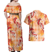 Orange Palaka Hawaii Aloha Couples Matching Off Shoulder Maxi Dress and Hawaiian Shirt Koi Pond Mix Japanese Maple - Polynesian Pride