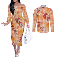 Orange Palaka Hawaii Aloha Couples Matching Off The Shoulder Long Sleeve Dress and Long Sleeve Button Shirt Koi Pond Mix Japanese Maple - Polynesian Pride