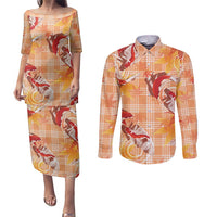 Orange Palaka Hawaii Aloha Couples Matching Puletasi and Long Sleeve Button Shirt Koi Pond Mix Japanese Maple - Polynesian Pride