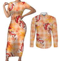 Orange Palaka Hawaii Aloha Couples Matching Short Sleeve Bodycon Dress and Long Sleeve Button Shirt Koi Pond Mix Japanese Maple LT7 Orange - Polynesian Pride