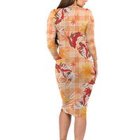 Orange Palaka Hawaii Aloha Long Sleeve Bodycon Dress Koi Pond Mix Japanese Maple - Polynesian Pride