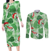 Lime Palaka Hawaii Aloha Couples Matching Long Sleeve Bodycon Dress and Long Sleeve Button Shirt Koi Pond Mix Monstera - Polynesian Pride