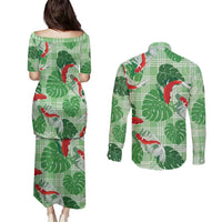 Lime Palaka Hawaii Aloha Couples Matching Puletasi and Long Sleeve Button Shirt Koi Pond Mix Monstera - Polynesian Pride