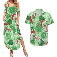 Lime Palaka Hawaii Aloha Couples Matching Summer Maxi Dress and Hawaiian Shirt Koi Pond Mix Monstera - Polynesian Pride