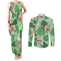 Lime Palaka Hawaii Aloha Couples Matching Tank Maxi Dress and Long Sleeve Button Shirt Koi Pond Mix Monstera - Polynesian Pride