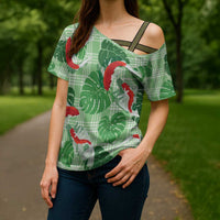 Lime Palaka Hawaii Aloha Cross Shoulder Shirt Koi Pond Mix Monstera LT7 - Polynesian Pride