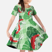 Lime Palaka Hawaii Aloha Family Matching Off Shoulder Short Dress and Hawaiian Shirt Koi Pond Mix Monstera - Polynesian Pride