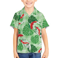 Lime Palaka Hawaii Aloha Family Matching Off Shoulder Short Dress and Hawaiian Shirt Koi Pond Mix Monstera - Polynesian Pride
