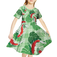 Lime Palaka Hawaii Aloha Kid Short Sleeve Dress Koi Pond Mix Monstera LT7 - Polynesian Pride