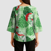 Lime Palaka Hawaii Aloha Kimono Sleeve Blouse Koi Pond Mix Monstera - Polynesian Pride