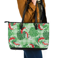 Lime Palaka Hawaii Aloha Leather Tote Bag Koi Pond Mix Monstera - Polynesian Pride