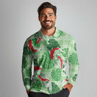 Lime Palaka Hawaii Aloha Long Sleeve Polo Shirt Koi Pond Mix Monstera - Polynesian Pride