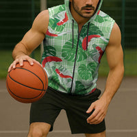 Lime Palaka Hawaii Aloha Sleeveless Zip Hoodie Koi Pond Mix Monstera LT7 - Polynesian Pride