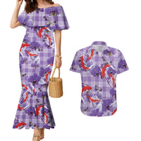 Lavender Palaka Hawaii Aloha Couples Matching Mermaid Dress and Hawaiian Shirt Koi Pond Mix Orchids LT7 Purple - Polynesian Pride