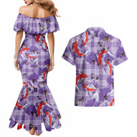 Lavender Palaka Hawaii Aloha Couples Matching Mermaid Dress and Hawaiian Shirt Koi Pond Mix Orchids LT7 - Polynesian Pride