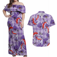 Lavender Palaka Hawaii Aloha Couples Matching Off Shoulder Maxi Dress and Hawaiian Shirt Koi Pond Mix Orchids - Polynesian Pride