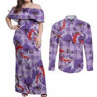 Lavender Palaka Hawaii Aloha Couples Matching Off Shoulder Maxi Dress and Long Sleeve Button Shirt Koi Pond Mix Orchids - Polynesian Pride