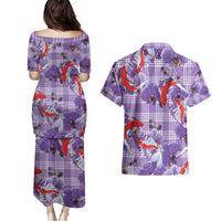 Lavender Palaka Hawaii Aloha Couples Matching Puletasi and Hawaiian Shirt Koi Pond Mix Orchids LT7 - Polynesian Pride