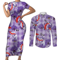 Lavender Palaka Hawaii Aloha Couples Matching Short Sleeve Bodycon Dress and Long Sleeve Button Shirt Koi Pond Mix Orchids LT7 Purple - Polynesian Pride