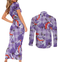 Lavender Palaka Hawaii Aloha Couples Matching Short Sleeve Bodycon Dress and Long Sleeve Button Shirt Koi Pond Mix Orchids LT7 - Polynesian Pride