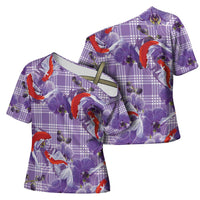 Lavender Palaka Hawaii Aloha Cross Shoulder Shirt Koi Pond Mix Orchids - Polynesian Pride