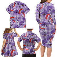 Lavender Palaka Hawaii Aloha Family Matching Long Sleeve Bodycon Dress and Hawaiian Shirt Koi Pond Mix Orchids - Polynesian Pride