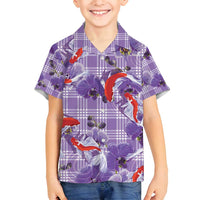 Lavender Palaka Hawaii Aloha Family Matching Long Sleeve Bodycon Dress and Hawaiian Shirt Koi Pond Mix Orchids - Polynesian Pride