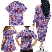 Lavender Palaka Hawaii Aloha Family Matching Off The Shoulder Long Sleeve Dress and Hawaiian Shirt Koi Pond Mix Orchids - Polynesian Pride