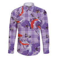 Lavender Palaka Hawaii Aloha Family Matching Off The Shoulder Long Sleeve Dress and Hawaiian Shirt Koi Pond Mix Orchids - Polynesian Pride