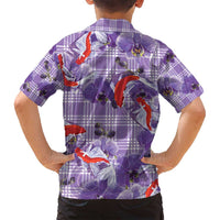 Lavender Palaka Hawaii Aloha Family Matching Off Shoulder Short Dress and Hawaiian Shirt Koi Pond Mix Orchids - Polynesian Pride