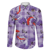 Lavender Palaka Hawaii Aloha Family Matching Off Shoulder Short Dress and Hawaiian Shirt Koi Pond Mix Orchids - Polynesian Pride