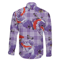 Lavender Palaka Hawaii Aloha Family Matching Off Shoulder Short Dress and Hawaiian Shirt Koi Pond Mix Orchids - Polynesian Pride