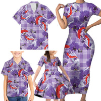Lavender Palaka Hawaii Aloha Family Matching Short Sleeve Bodycon Dress and Hawaiian Shirt Koi Pond Mix Orchids - Polynesian Pride