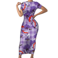 Lavender Palaka Hawaii Aloha Family Matching Short Sleeve Bodycon Dress and Hawaiian Shirt Koi Pond Mix Orchids - Polynesian Pride