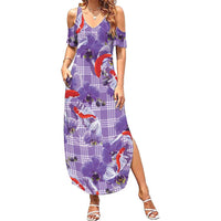 Lavender Palaka Hawaii Aloha Family Matching Summer Maxi Dress and Hawaiian Shirt Koi Pond Mix Orchids - Polynesian Pride