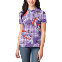 Lavender Palaka Hawaii Aloha Women Polo Shirt Koi Pond Mix Orchids - Polynesian Pride