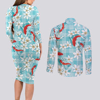 Turquoise Palaka Hawaii Aloha Couples Matching Long Sleeve Bodycon Dress and Long Sleeve Button Shirt Koi Pond Mix Plumeria - Polynesian Pride