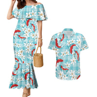 Turquoise Palaka Hawaii Aloha Couples Matching Mermaid Dress and Hawaiian Shirt Koi Pond Mix Plumeria LT7 Turquoise - Polynesian Pride