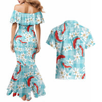 Turquoise Palaka Hawaii Aloha Couples Matching Mermaid Dress and Hawaiian Shirt Koi Pond Mix Plumeria LT7 - Polynesian Pride