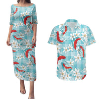 Turquoise Palaka Hawaii Aloha Couples Matching Puletasi and Hawaiian Shirt Koi Pond Mix Plumeria - Polynesian Pride