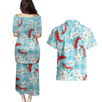 Turquoise Palaka Hawaii Aloha Couples Matching Puletasi and Hawaiian Shirt Koi Pond Mix Plumeria LT7 - Polynesian Pride