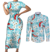 Turquoise Palaka Hawaii Aloha Couples Matching Short Sleeve Bodycon Dress and Long Sleeve Button Shirt Koi Pond Mix Plumeria - Polynesian Pride