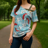Turquoise Palaka Hawaii Aloha Cross Shoulder Shirt Koi Pond Mix Plumeria - Polynesian Pride