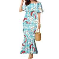 Turquoise Palaka Hawaii Aloha Family Matching Mermaid Dress and Hawaiian Shirt Koi Pond Mix Plumeria - Polynesian Pride