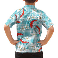 Turquoise Palaka Hawaii Aloha Family Matching Off The Shoulder Long Sleeve Dress and Hawaiian Shirt Koi Pond Mix Plumeria - Polynesian Pride