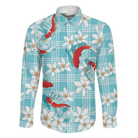 Turquoise Palaka Hawaii Aloha Family Matching Off The Shoulder Long Sleeve Dress and Hawaiian Shirt Koi Pond Mix Plumeria - Polynesian Pride