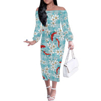 Turquoise Palaka Hawaii Aloha Family Matching Off The Shoulder Long Sleeve Dress and Hawaiian Shirt Koi Pond Mix Plumeria - Polynesian Pride